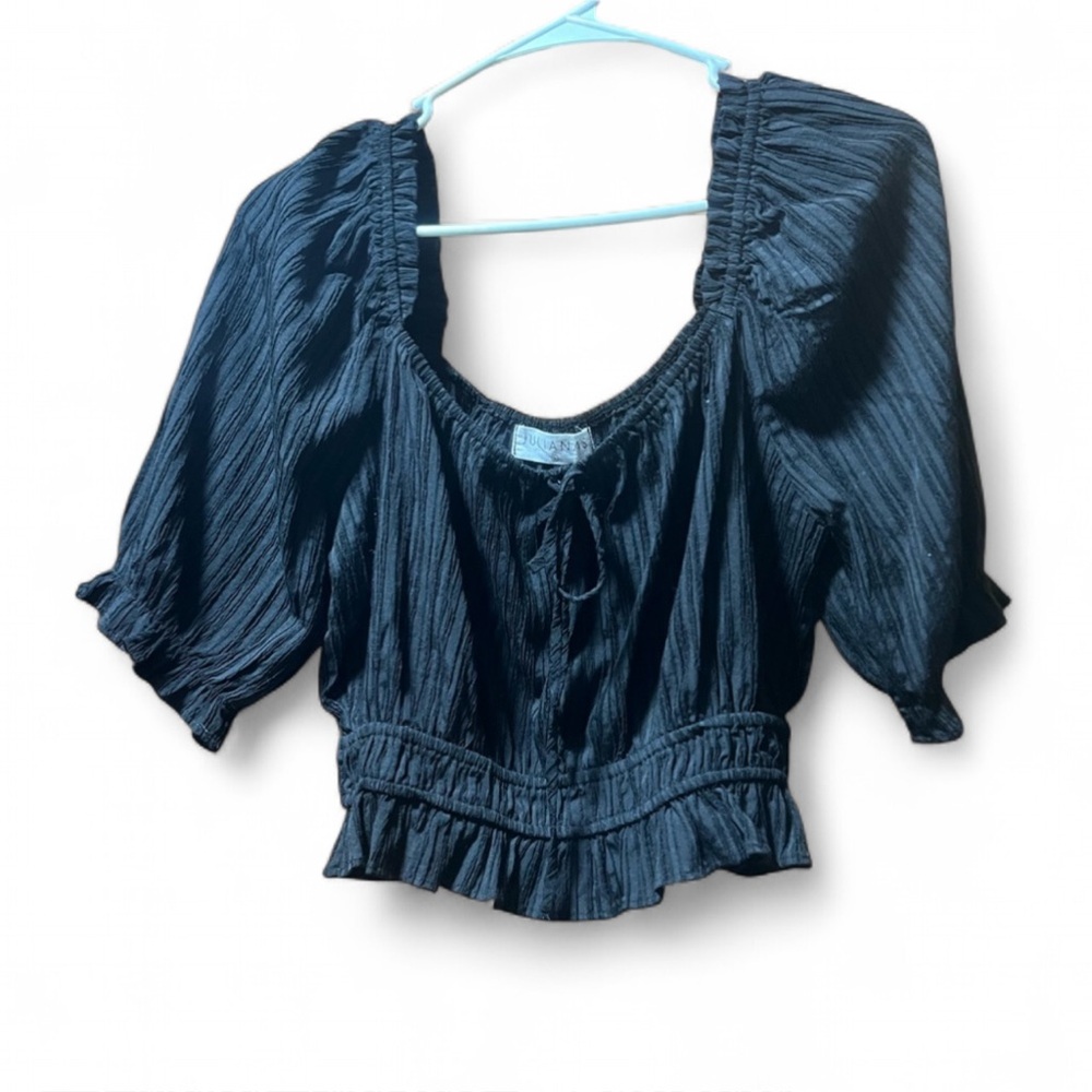 Black Gathered Crop Blouse with Puff Sleeves